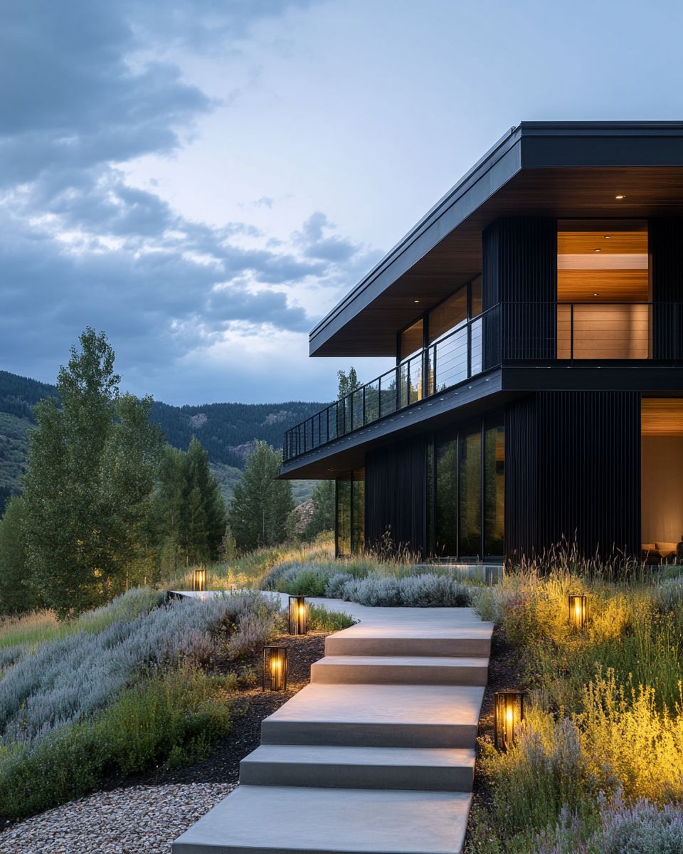 Two-story elevation at dusk